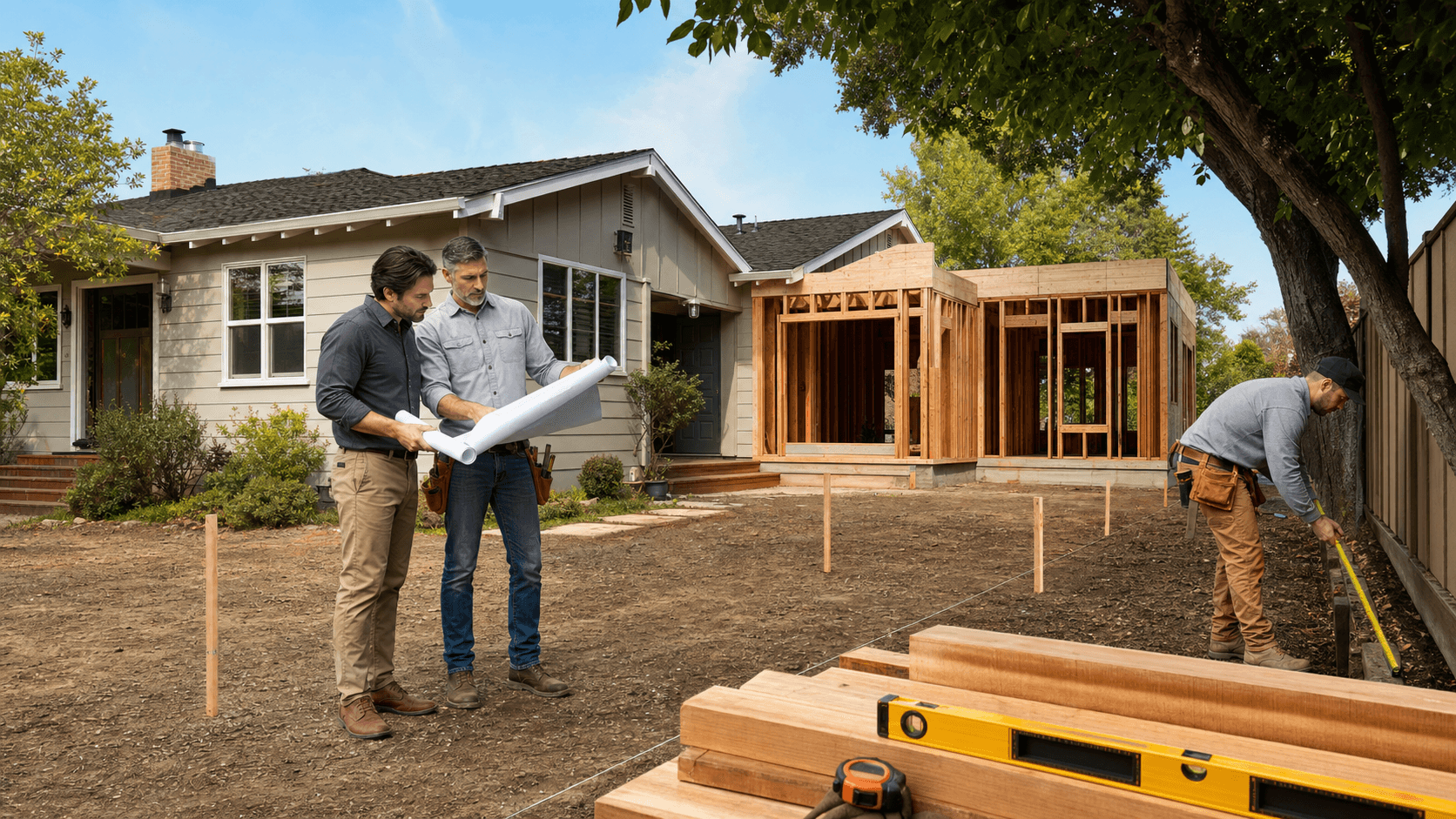 Modern ranch home exterior with a setback overlay, lot boundary lines, and blueprint notes on a light background