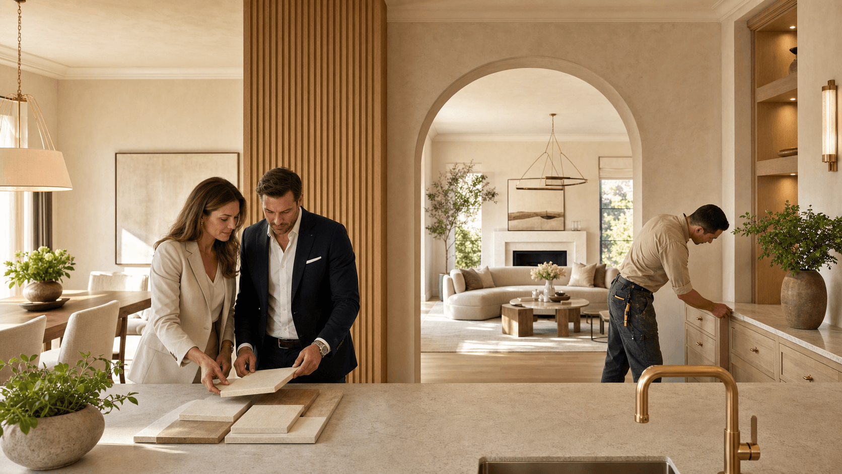 Modern luxury living room in neutral tones with soft lighting, sleek furniture, and an open doorway to a calm kitchen