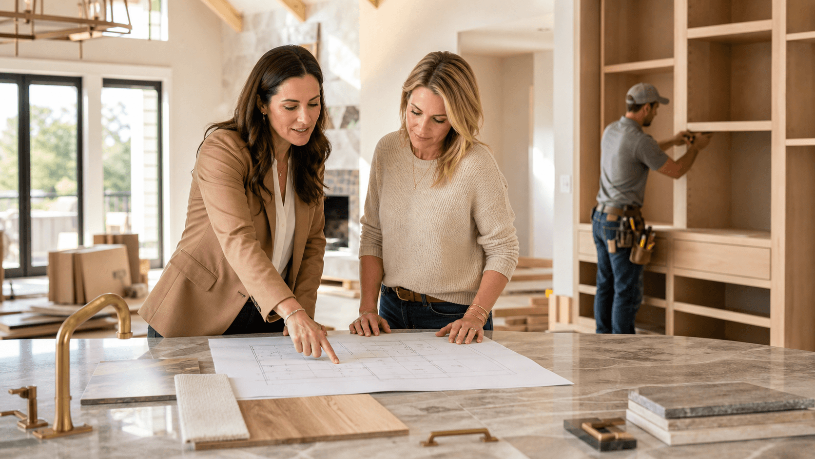 Architect reviewing blueprints beside a modern home model on a desk in a bright office.