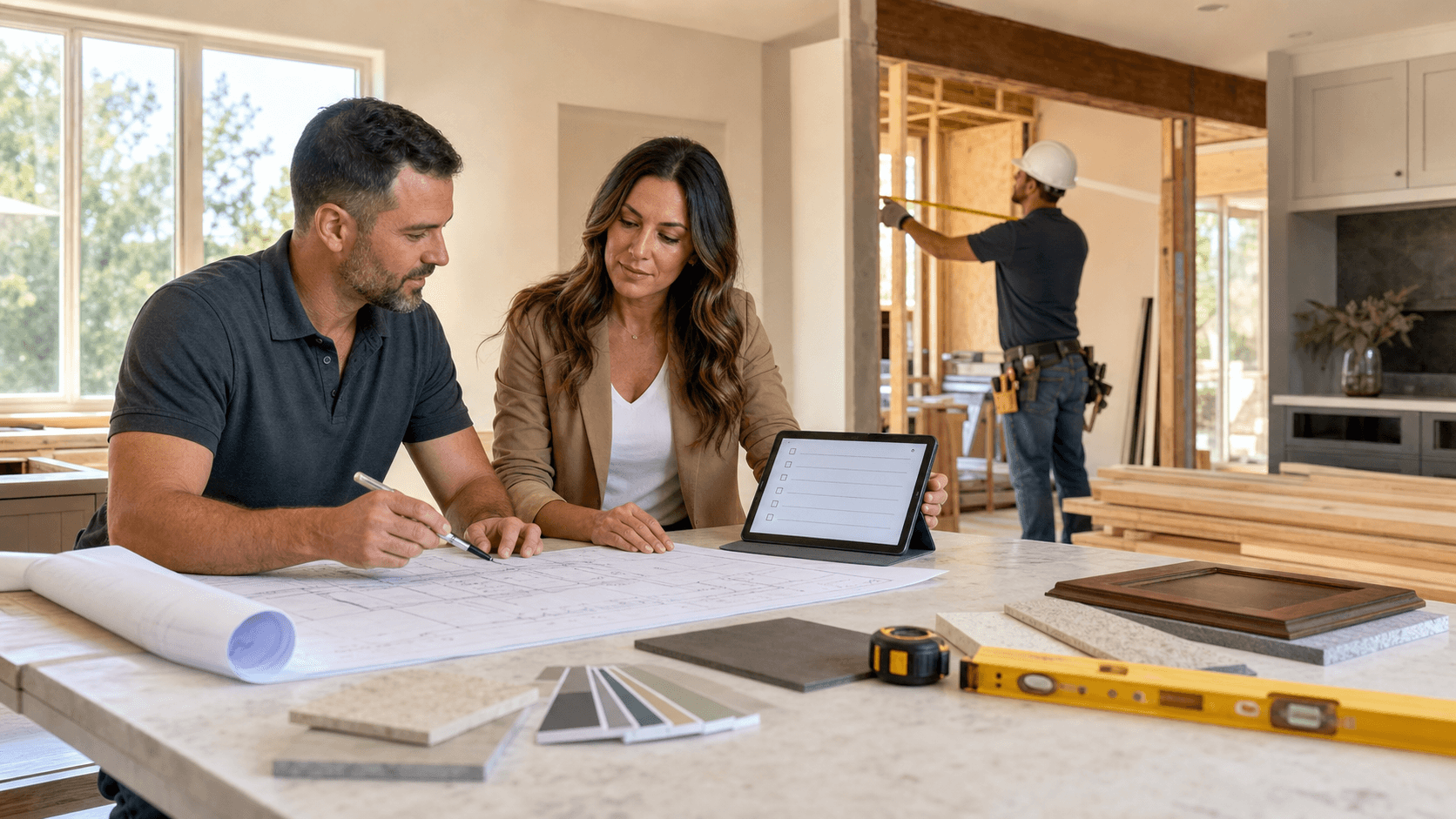 Clipboard with a home checklist beside a house blueprint, warm beige tones with soft daylight shadows