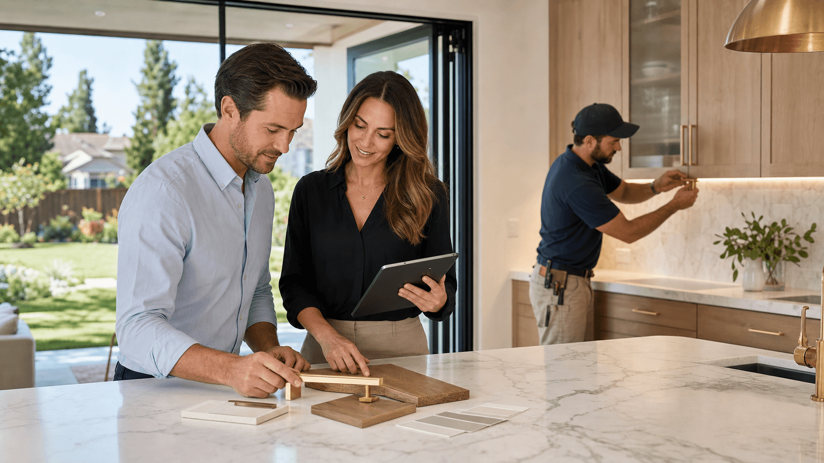 Modern luxury house exterior with large windows, warm sunset lighting, and a contractor holding blueprints in foreground