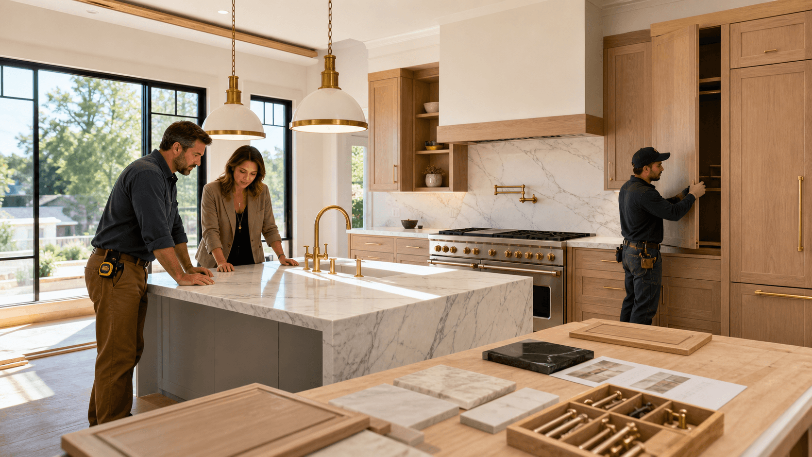 Modern white-and-wood kitchen with marble island, brass pendants, and sunlit cabinets in a clean, upscale layout