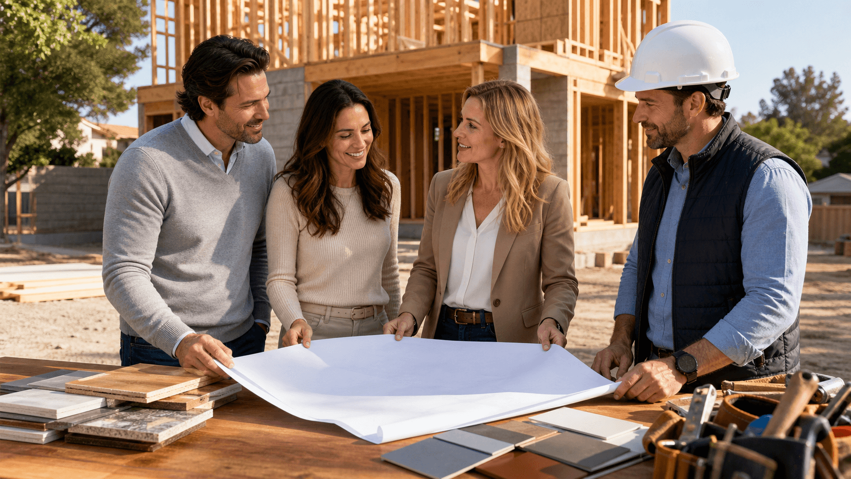 Architect reviewing home plans and a builder scorecard on a sunlit desk with a suburban house in the background