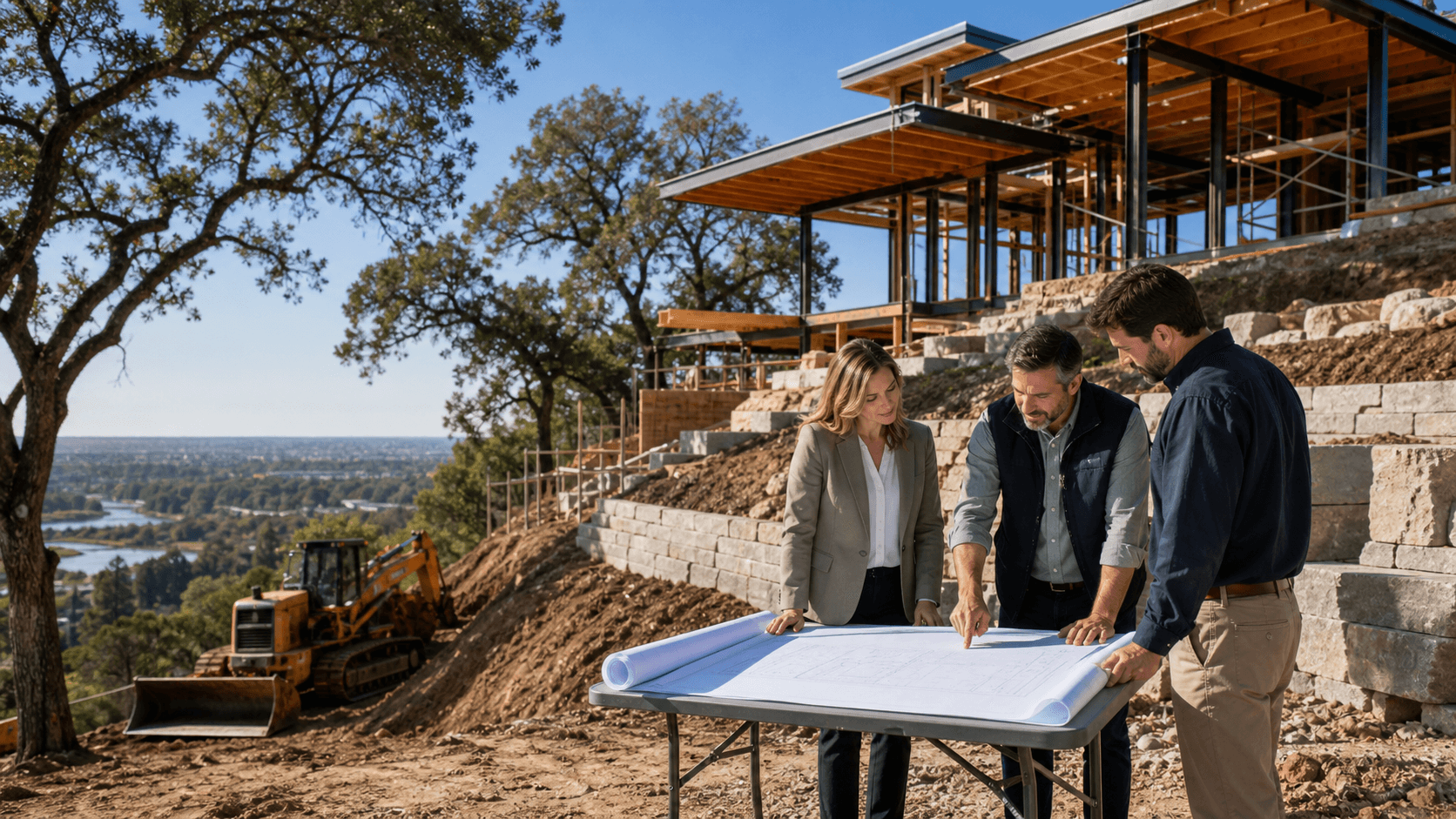 Architects review blueprints beside a modern hillside home lot at golden hour.