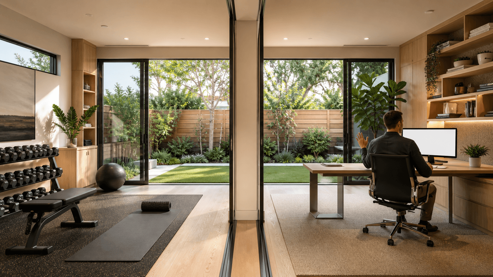 Sunlit modern home addition with a desk, exercise bike, and large windows overlooking a green backyard.
