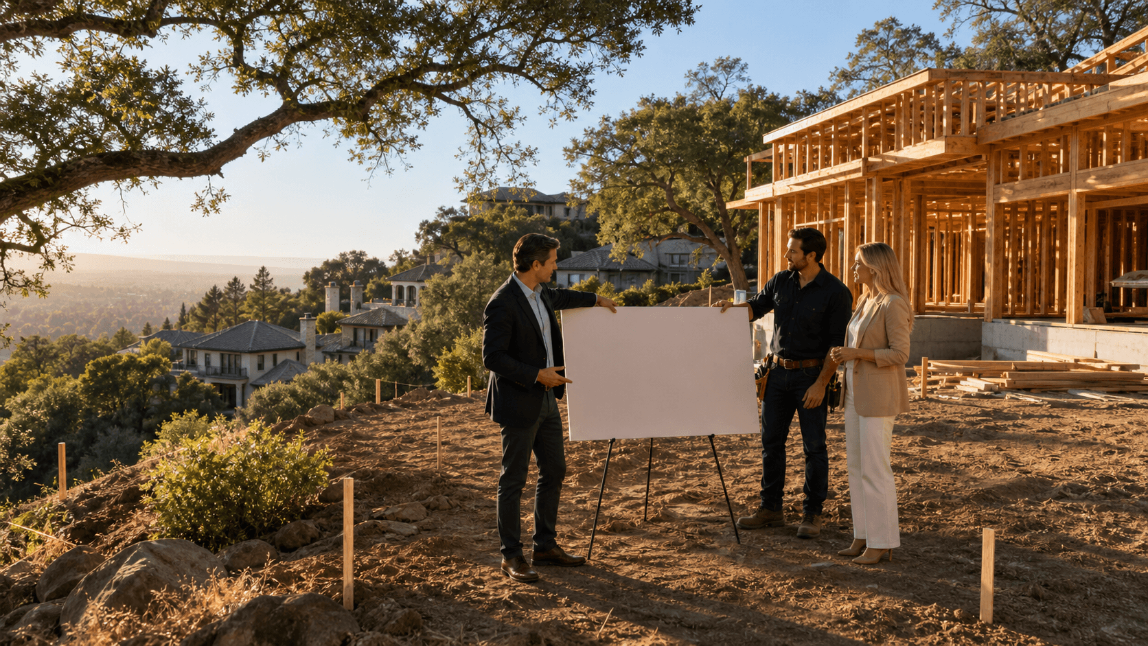 Architects and homeowners review blueprints beside a sunlit vacant lot with suburban homes and trees.