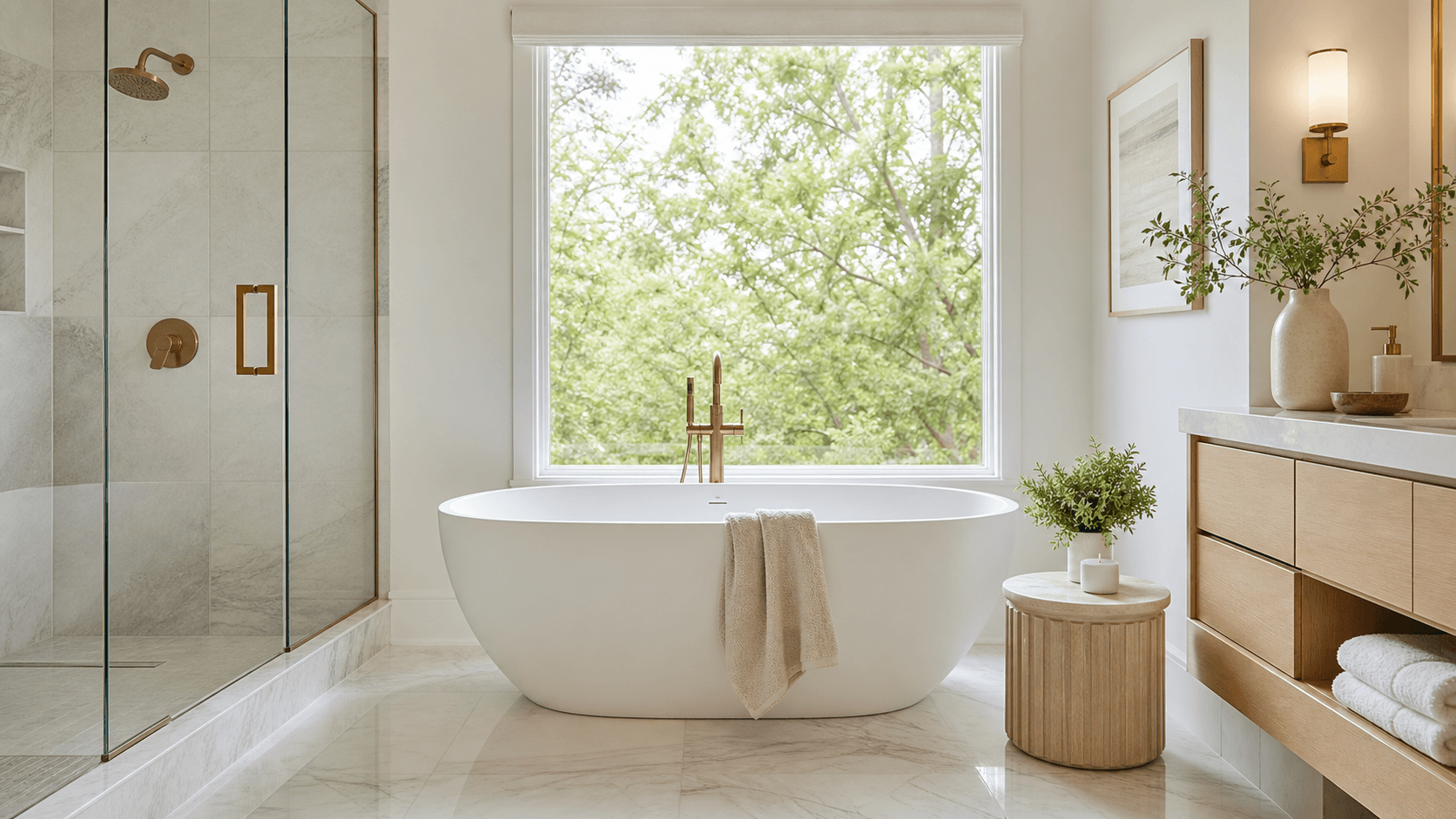 Bright modern bathroom with freestanding tub, glass shower, marble walls, and warm ambient lighting