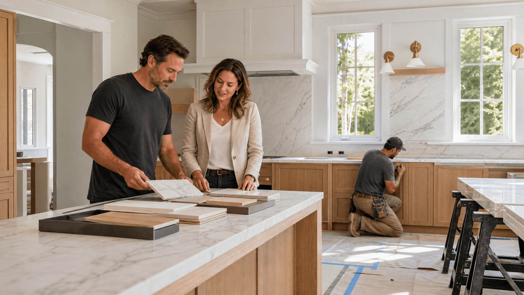 Bright, modern kitchen with white cabinets, marble island, brass pendant lights, and warm wood floors.